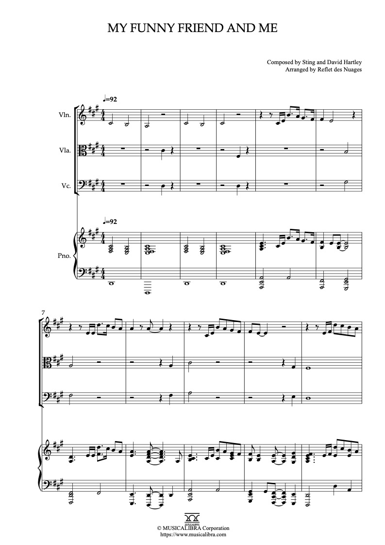 Partitura de The Emperor's New Groove My Funny Friend and Me arreglada para cuarteto de violín, viola, violonchelo y piano