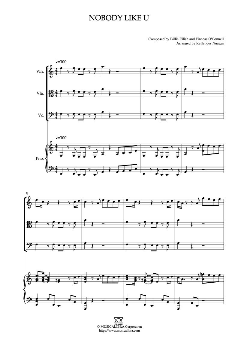 Partitura de Turning Red Nobody Like U arreglada para cuarteto de violín, viola, violonchelo y piano