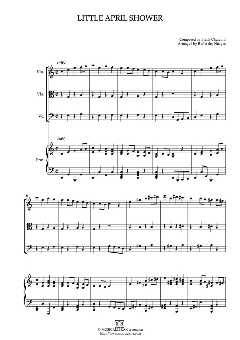 Sheet music of Bambi Little April Shower arranged for violin, viola, cello and piano quartet chamber ensemble preview page 1