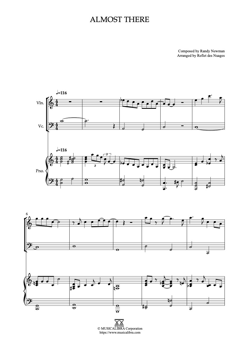 Sheet music of The Princess and the Frog Almost There arranged for violin, cello and piano trio chamber ensemble preview page 1