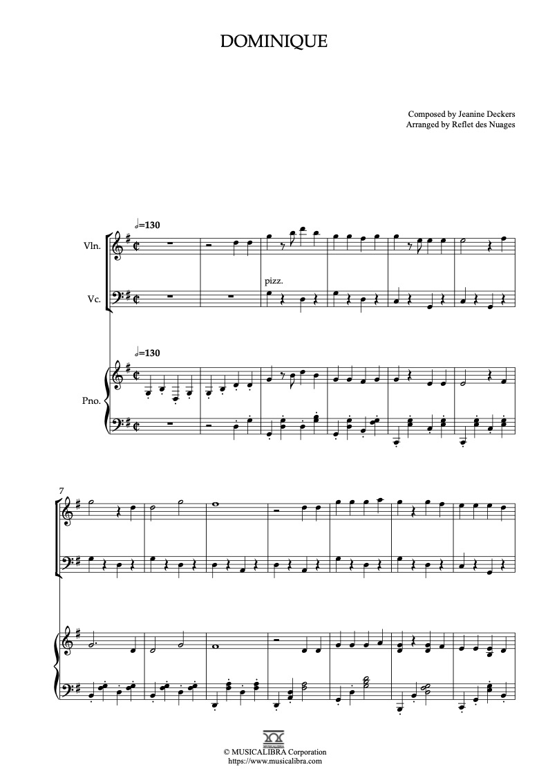 The Singing Nun Dominique 三重奏 乐谱 - 小提琴, 大提琴, 钢琴