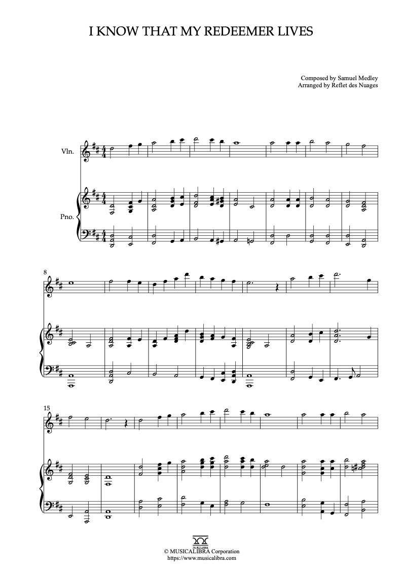 Partitura de I Know That My Redeemer Lives arreglada para dueto de violín y piano