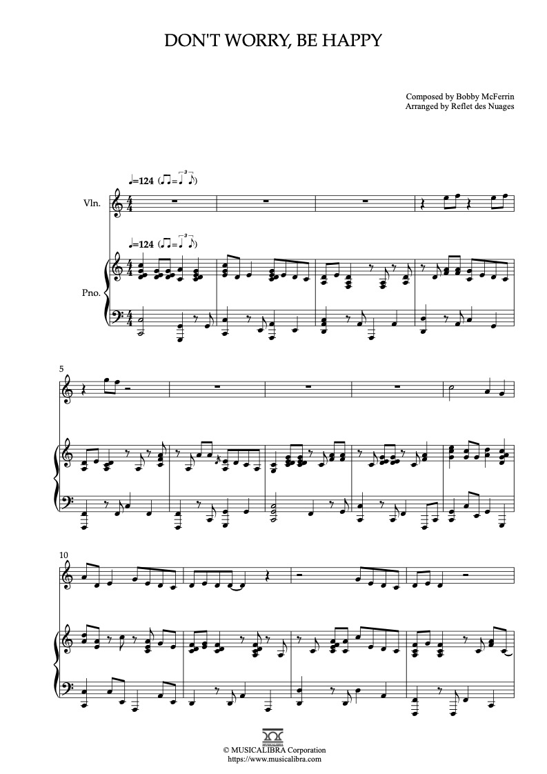 Partitura de Don't Worry, Be Happy arreglada para dueto de violín y piano