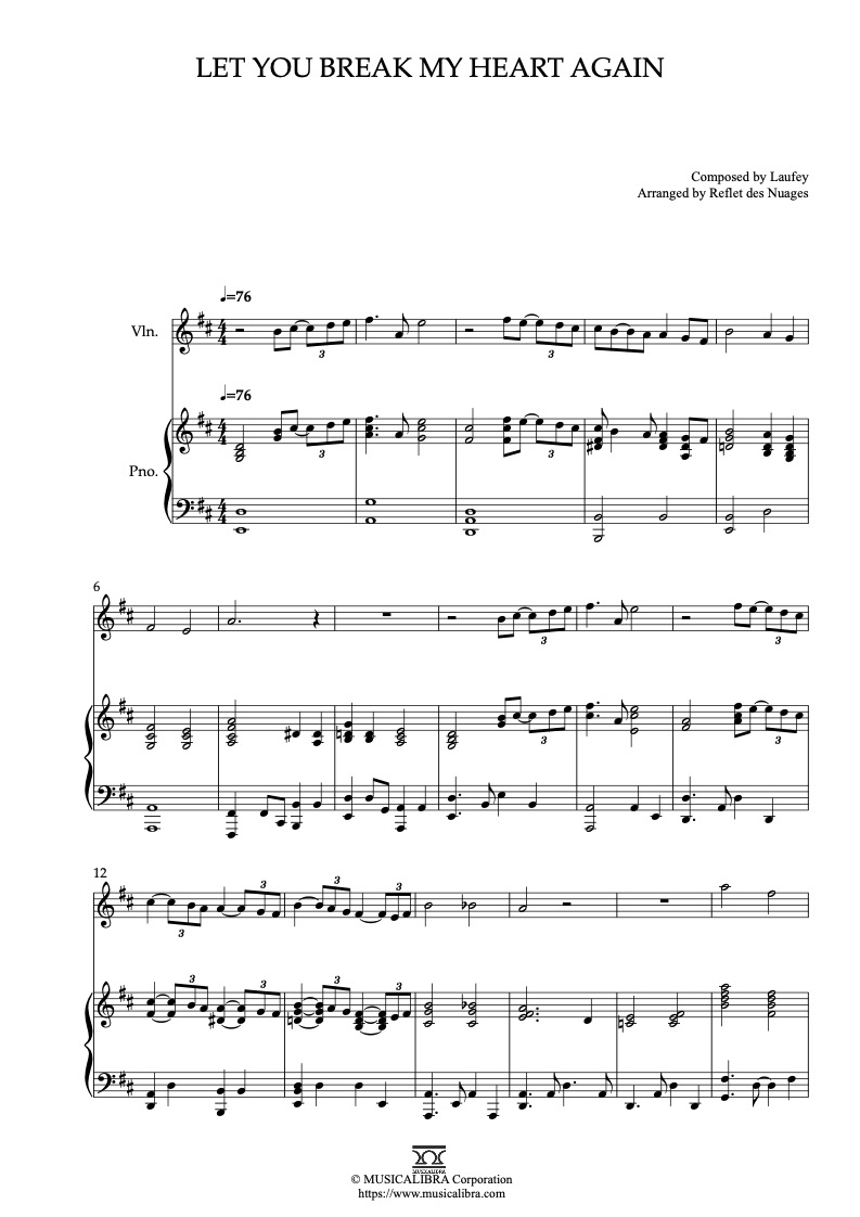 Sheet music of Laufey Let You Break My Heart Again arranged for violin and piano duet chamber ensemble preview page 1