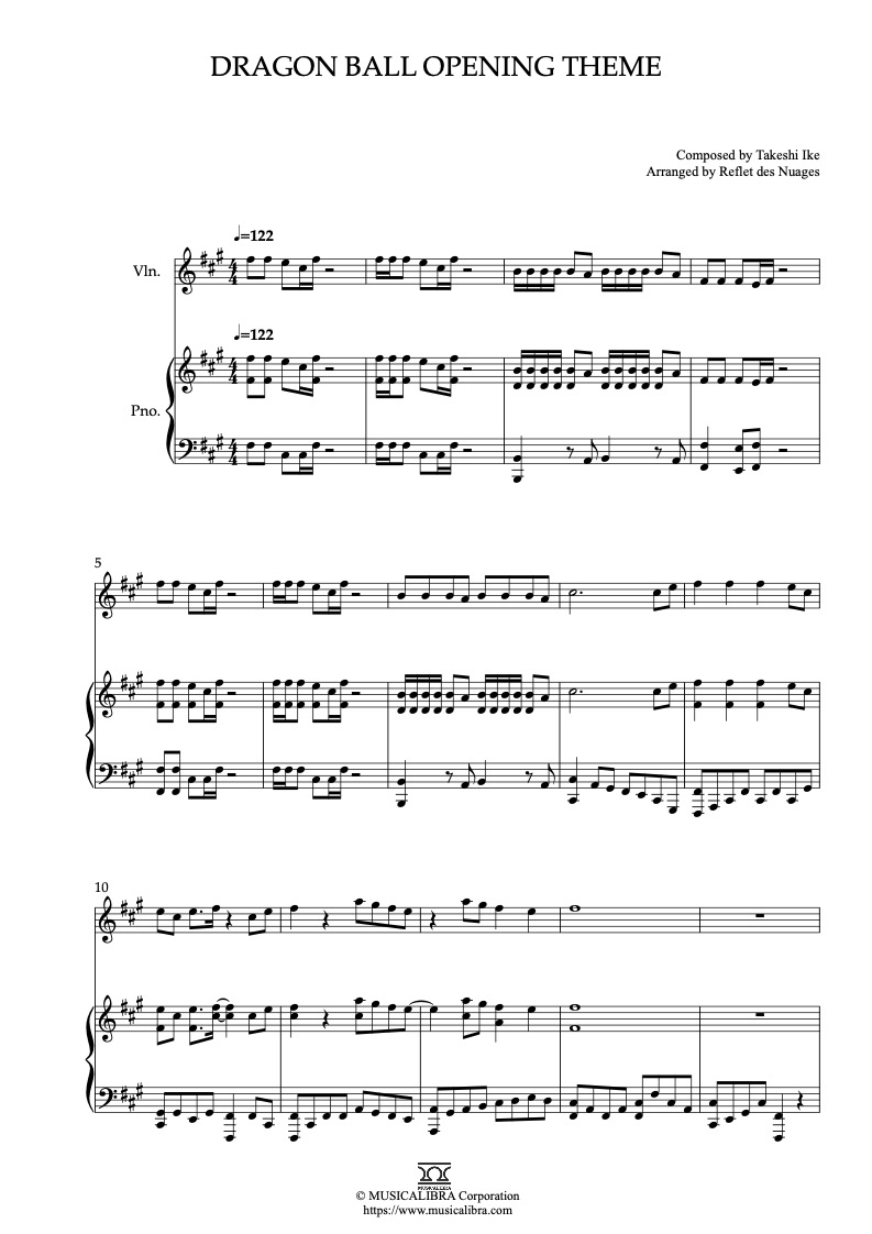 Sheet music of Dragon Ball Opening Theme arranged for violin and piano duet chamber ensemble preview page 1