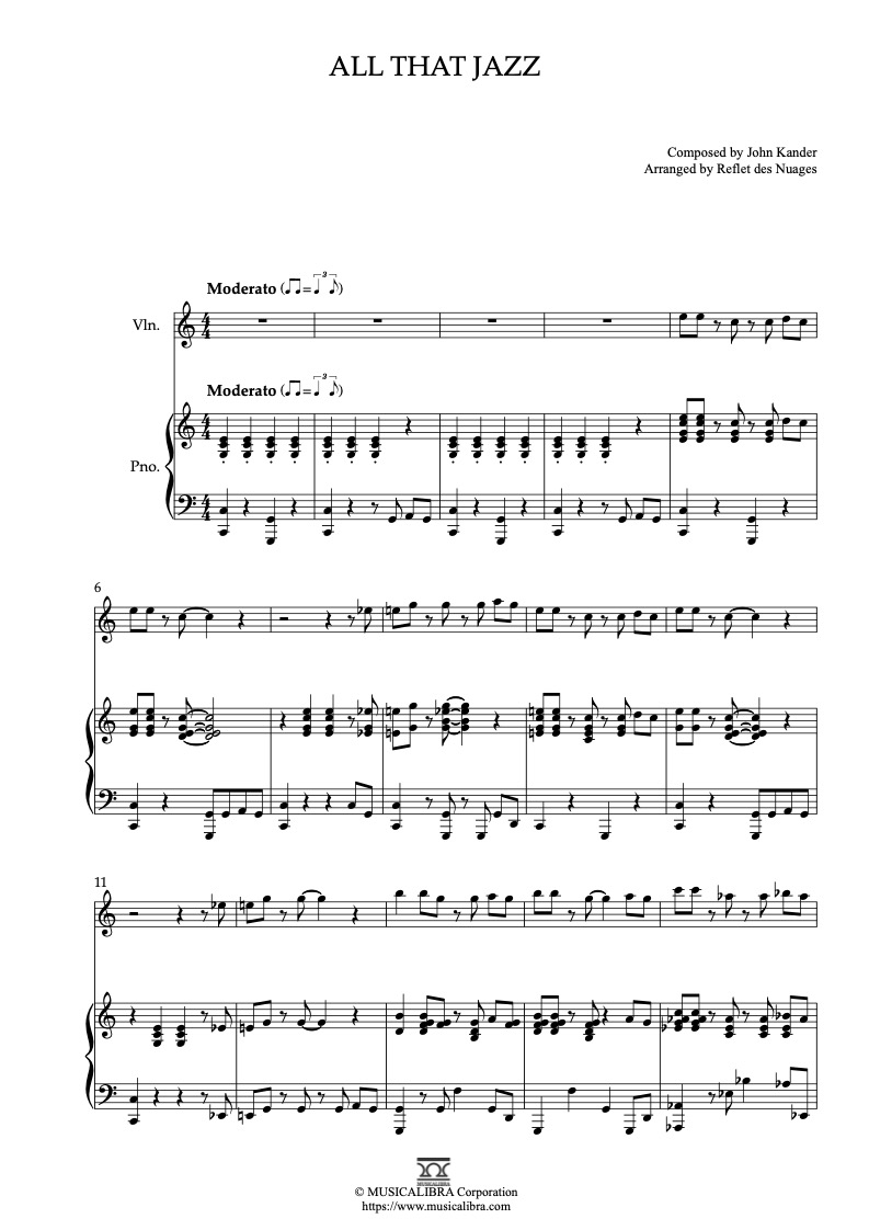 Sheet music of Chicago All That Jazz arranged for violin and piano duet chamber ensemble preview page 1
