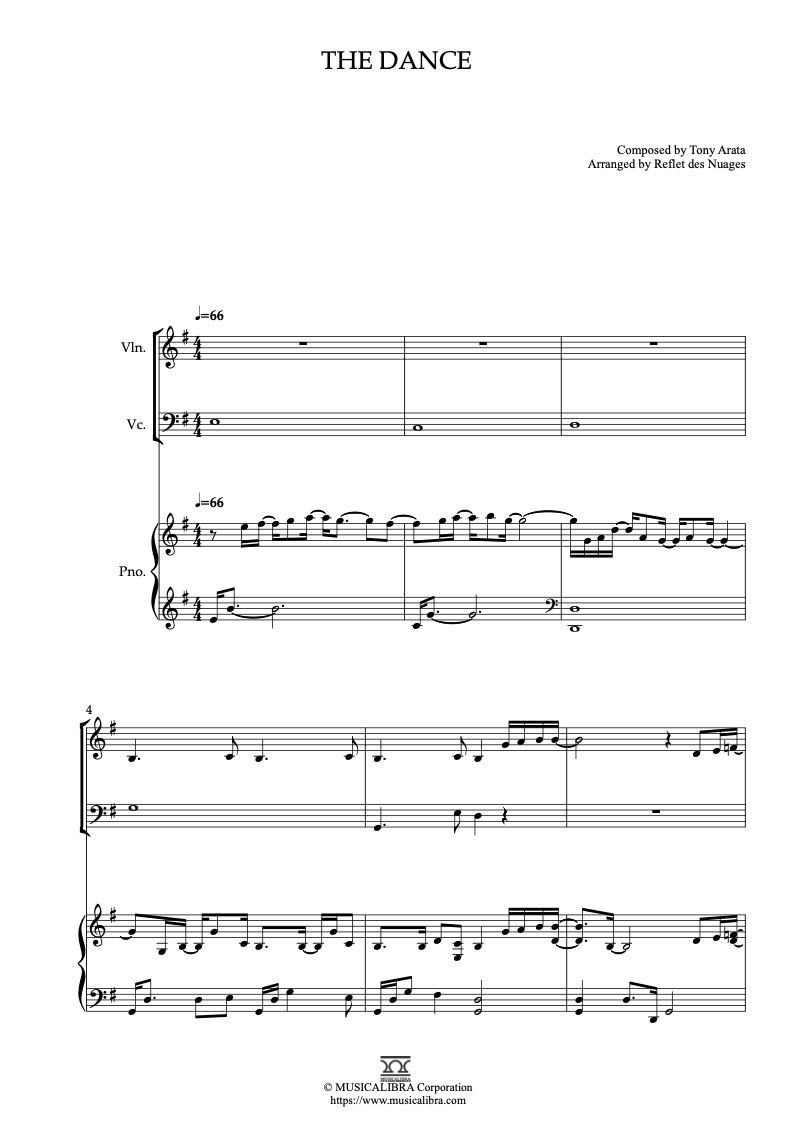 Sheet music of Tony Arata The Dance arranged for violin, cello and piano trio chamber ensemble preview page 1