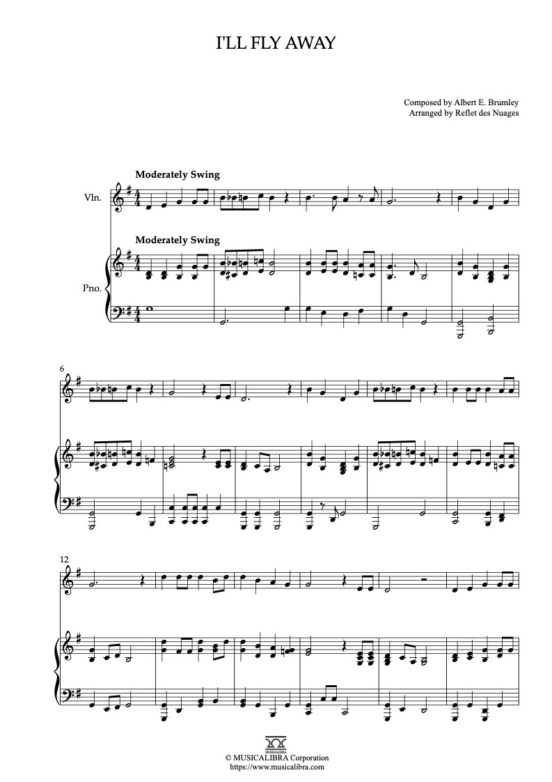 Sheet music of Albert E. Brumley I'll Fly Away arranged for violin and piano duet chamber ensemble preview page 1