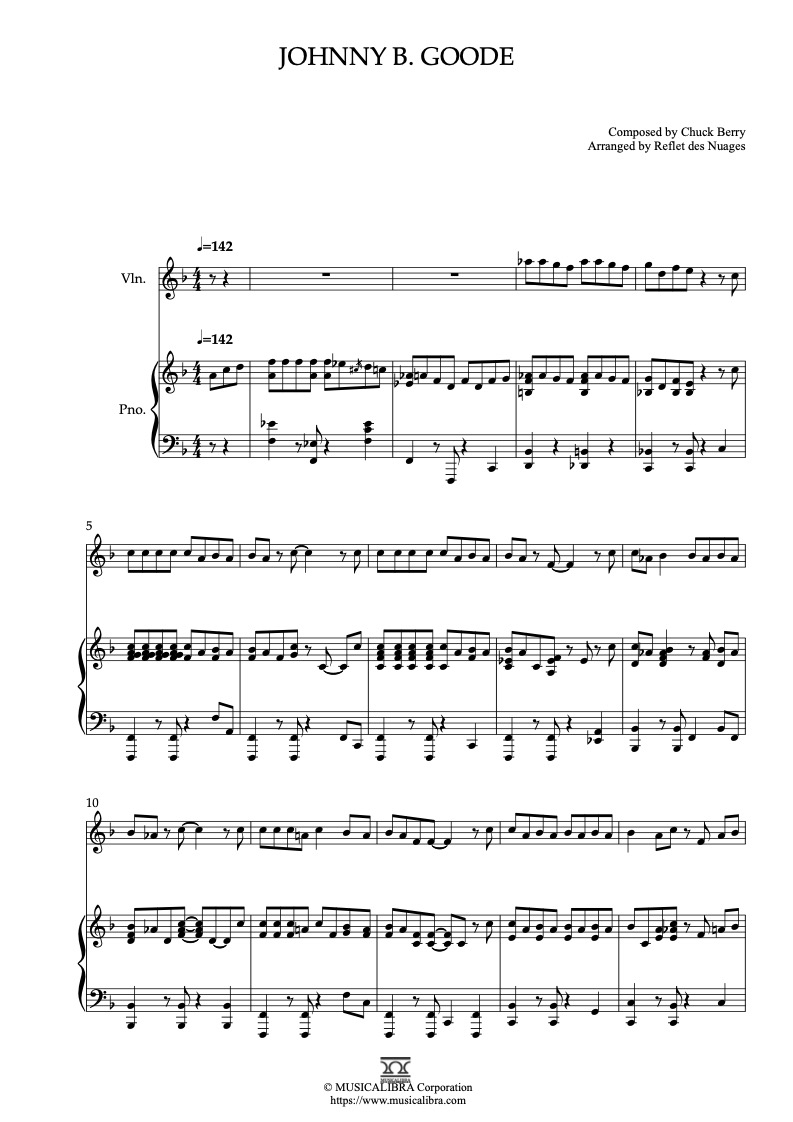 Partitura de Johnny B. Goode arreglada para dueto de violín y piano