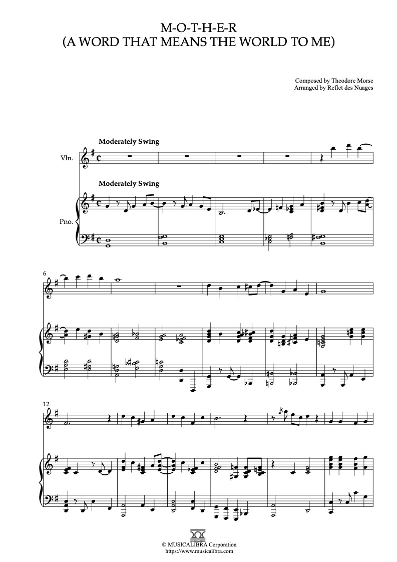 Partitura de Eddy Arnold M-O-T-H-E-R(A Word That Means The World To Me) arreglada para dueto de violín y piano