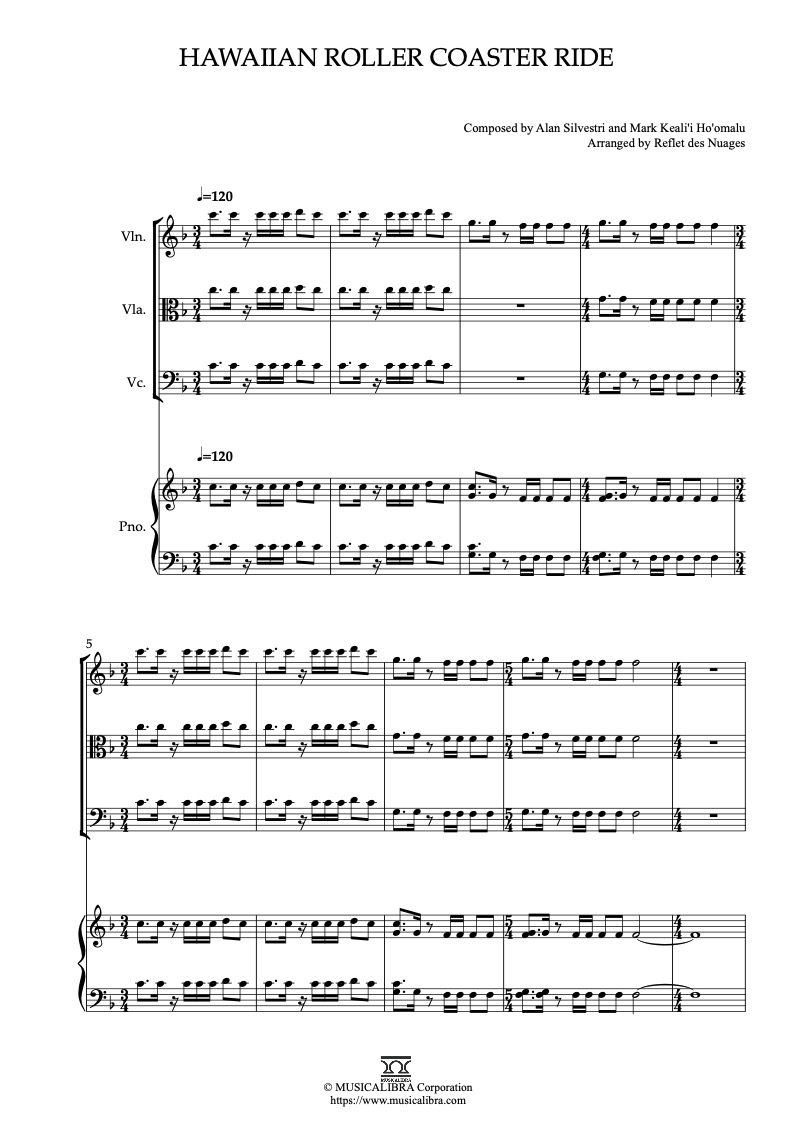 Lilo & Stitch Hawaiian Roller Coaster Ride 四重奏 乐谱 - 小提琴, 中提琴, 大提琴, 钢琴