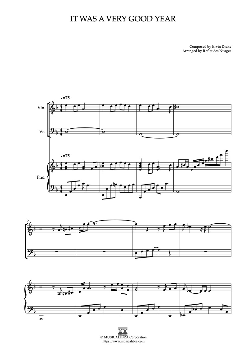 Sheet music of Frank Sinatra It Was a Very Good Year arranged for violin, cello and piano trio chamber ensemble preview page 1