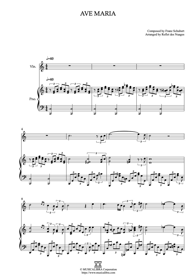 Sheet music of Ave Maria arranged for violin and piano duet preview page 1