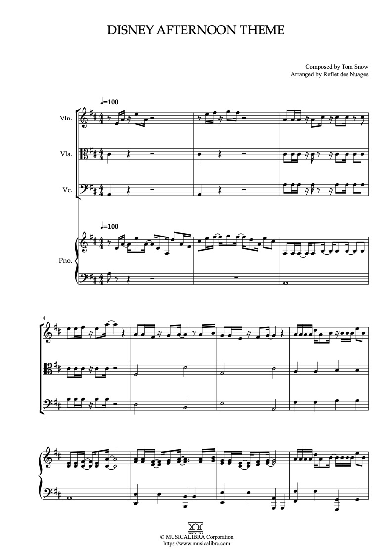Disney Afternoon Theme 四重奏 乐谱 - 小提琴, 中提琴, 大提琴, 钢琴