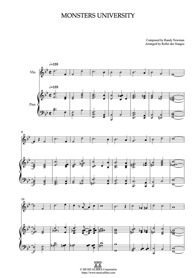 Monsters University 編曲楽譜 - ヴァイオリン、ピアノデュエット