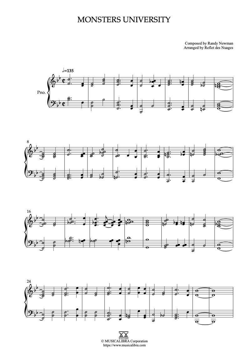 Partitura de Monsters University arreglada para piano solo