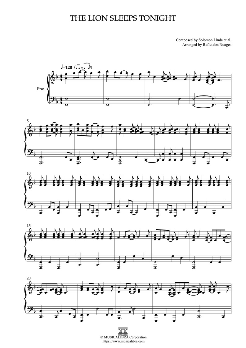 Sheet music of The Lion Sleeps Tonight arranged for piano solo preview page 1