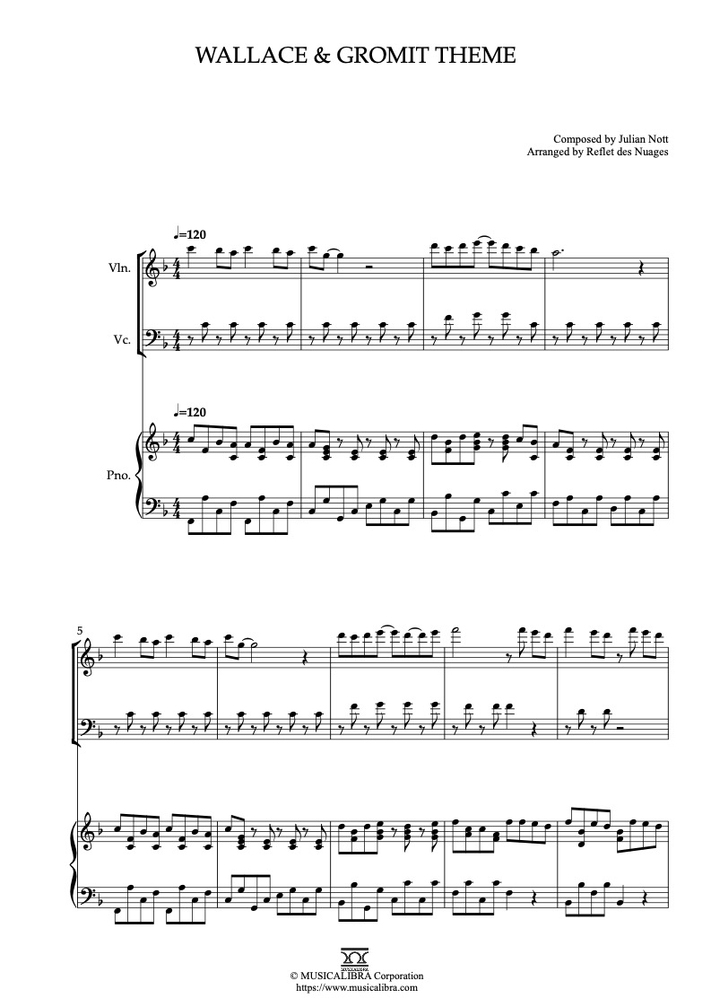 Wallace & Gromit Theme 三重奏 乐谱 - 小提琴, 大提琴, 钢琴