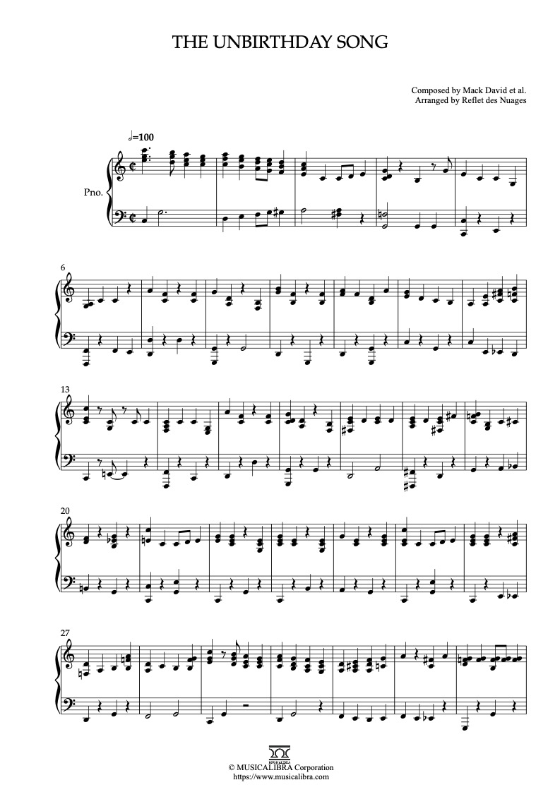 Alice in Wonderland The Unbirthday Song ピアノソロ 編曲 楽譜