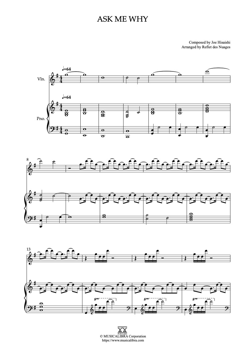 Partitura de The Boy and the Heron Ask Me Why arreglada para dueto de violín y piano