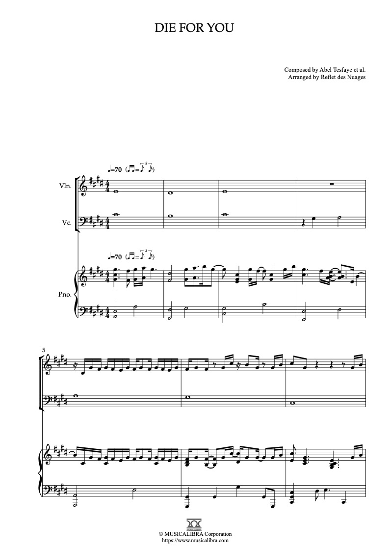 Partitura de The Weeknd Die For You arreglada para trío de violín, violonchelo y piano