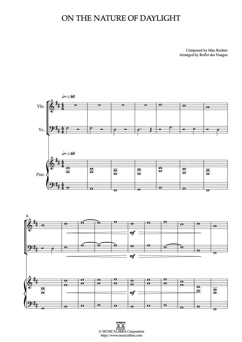 Partitura de Arrival On the Nature of Daylight arreglada para trío de violín, violonchelo y piano