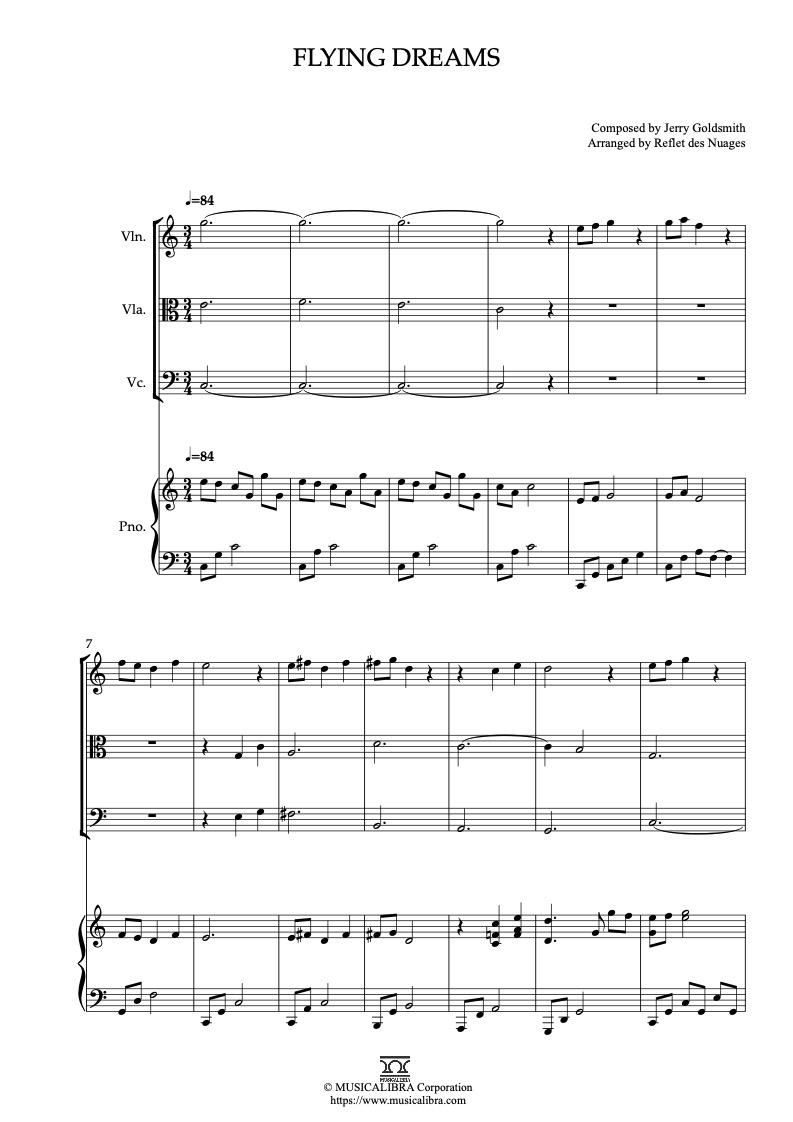 Partitura de The Secret of NIMH Flying Dreams arreglada para cuarteto de violín, viola, violonchelo y piano