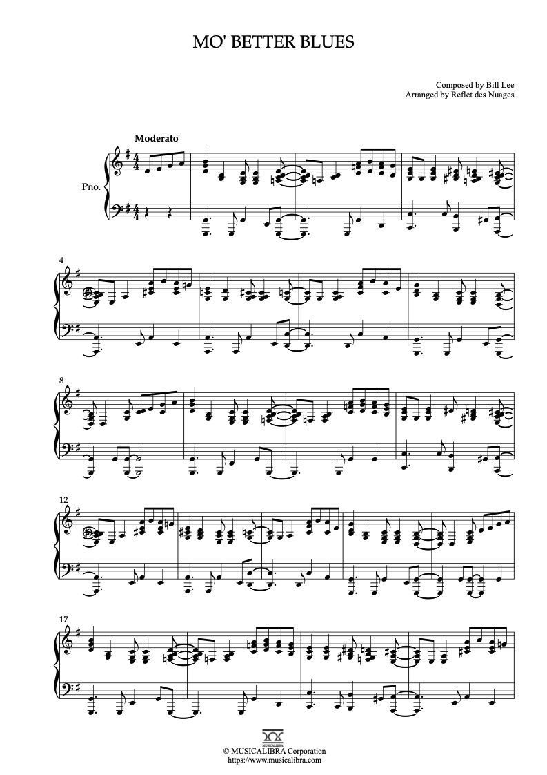 Sheet music of Mo' Better Blues arranged for piano solo preview page 1