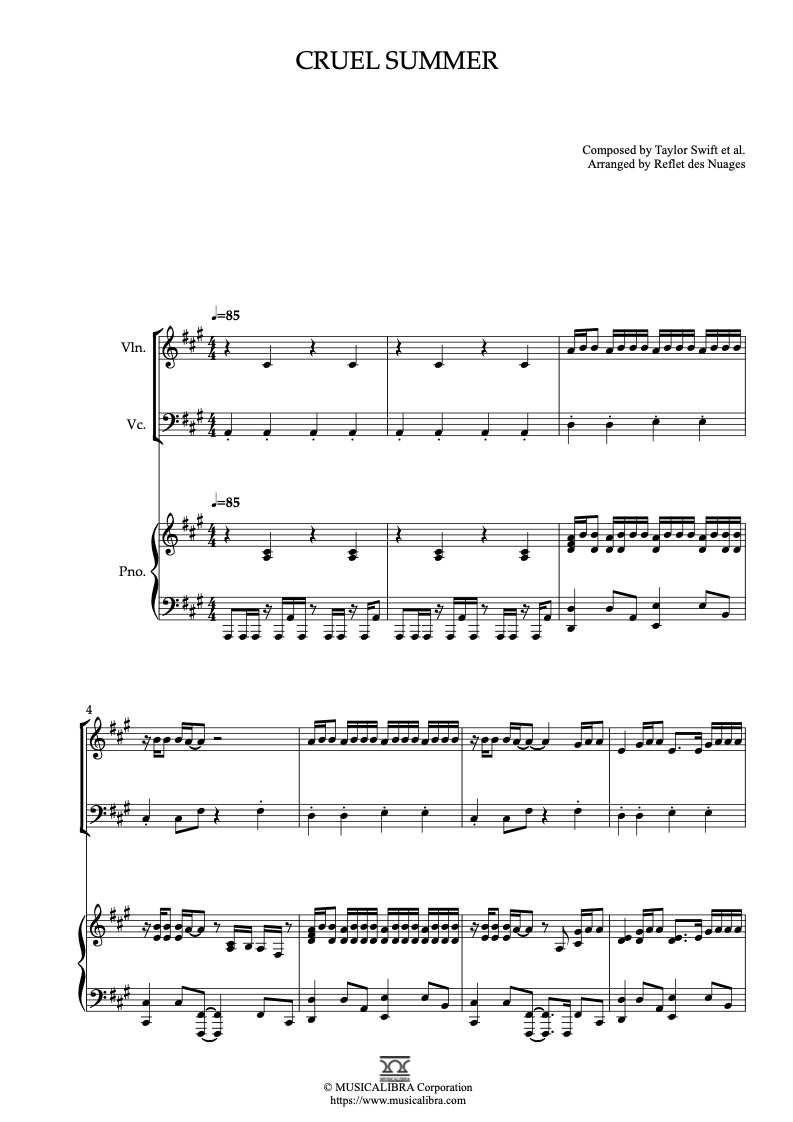 Taylor Swift Cruel Summer 編曲楽譜 - ヴァイオリン、チェロ、ピアノトリオ