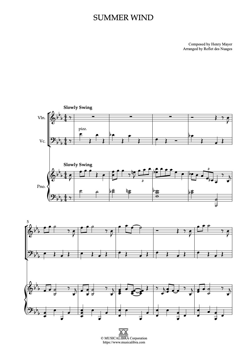 Partitura de Frank Sinatra Summer Wind arreglada para trío de violín, violonchelo y piano