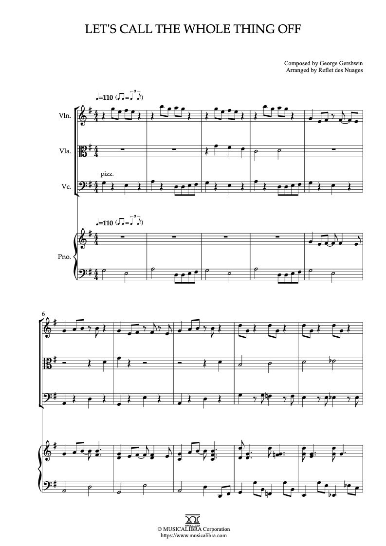 Sheet music of Shall We Dance Let's Call the Whole Things Off arranged for violin, viola, cello and piano quartet chamber ensemble preview page 1