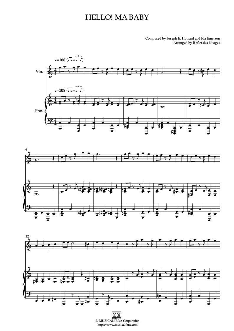 Partitura de Hello! Ma Baby arreglada para dueto de violín y piano