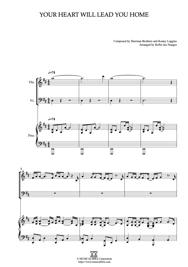 Sheet music of Somewhere in My Memory arranged for violin, cello and piano trio chamber ensemble preview page 1