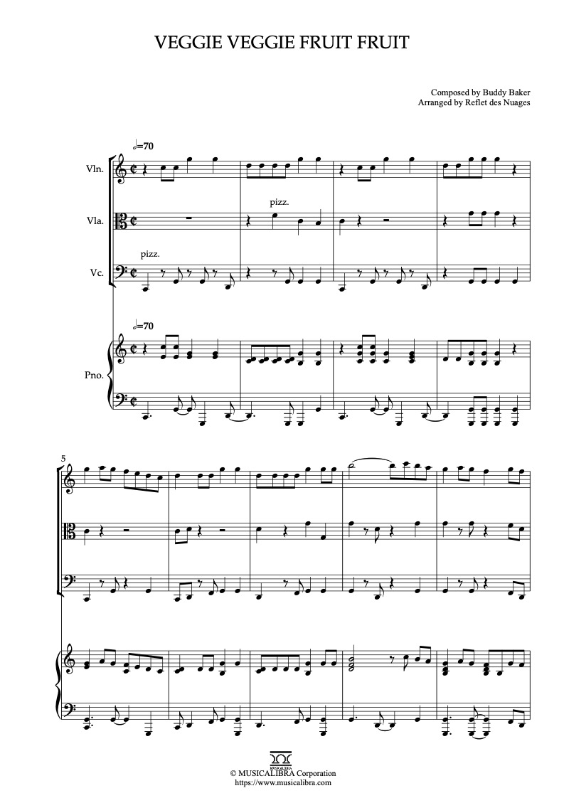 Sheet music of Kitchen Kabaret Veggie Veggie Fruit Fruit arranged for violin, viola, cello and piano quartet chamber ensemble preview page 1