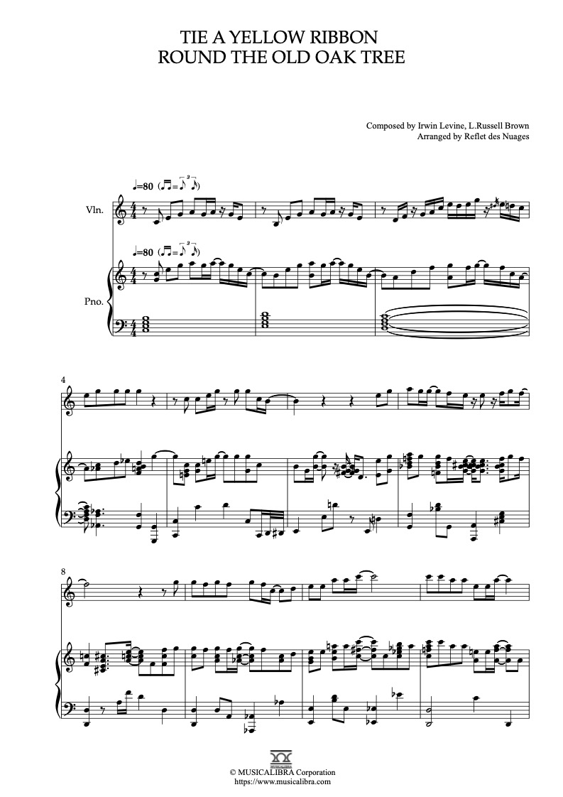Sheet music of Tie a Yellow Ribbon Round the Old Oak Tree arranged for violin and piano duet preview page 1