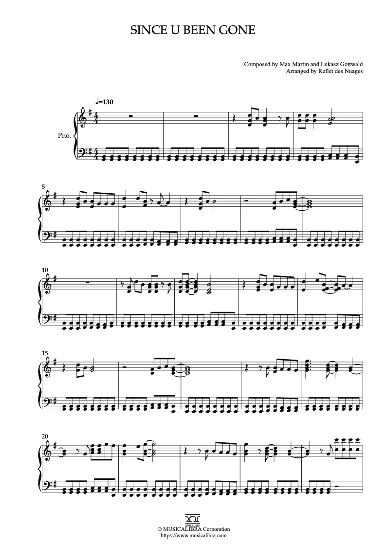 Sheet music of Kelly Clarkson Since U Been Gone arranged for piano solo preview page 1