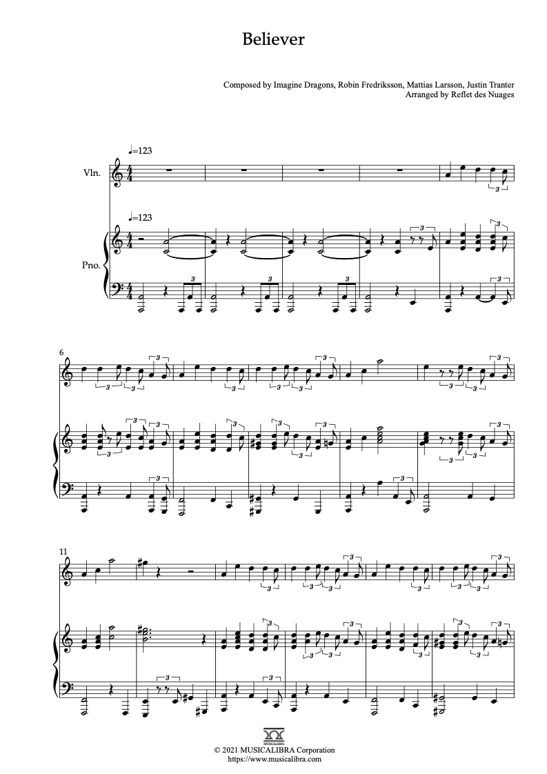 Imagine Dragons Believer 二重奏 乐谱 - 小提琴, 钢琴