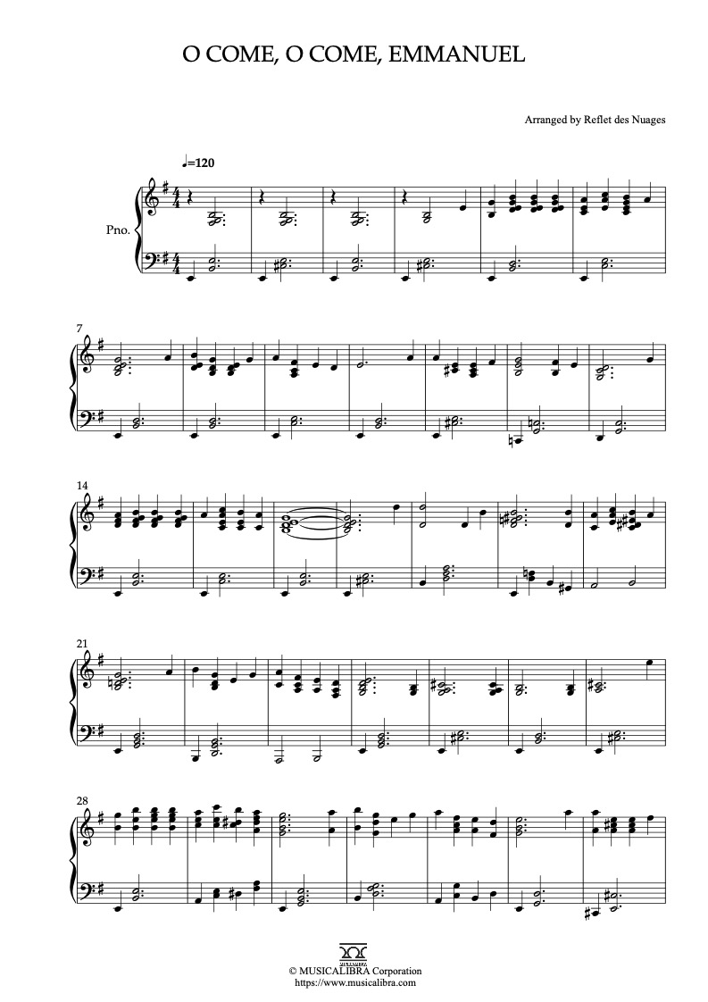 Partitura de O Come, O Come, Emmanuel arreglada para piano solo