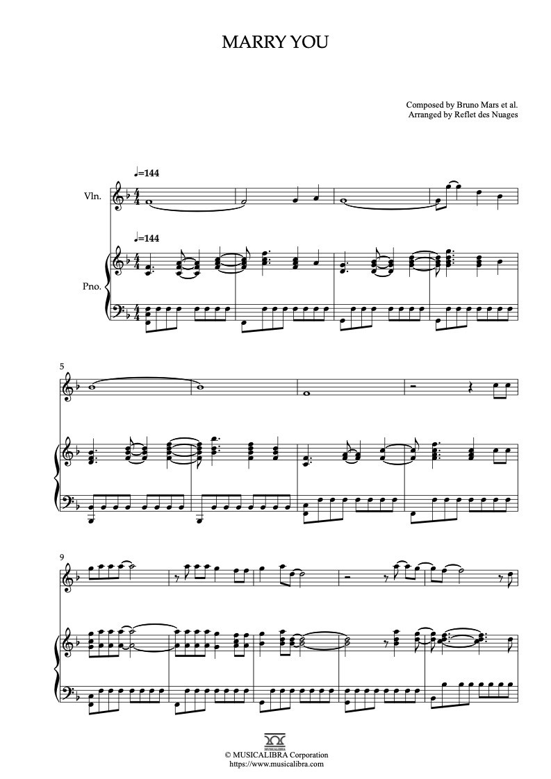 Partitura de Bruno Mars Marry You arreglada para dueto de violín y piano