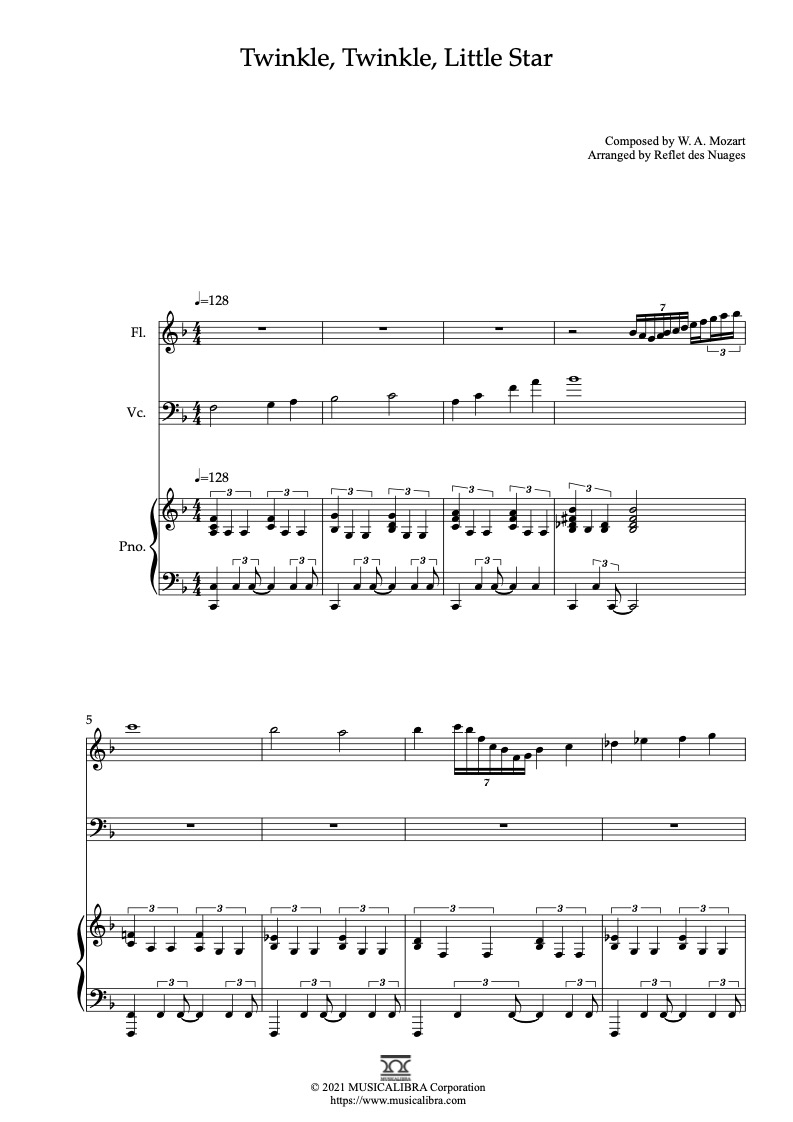 Sheet music of Twinkle, Twinkle, Little Star arranged for flute, cello and piano trio chamber ensemble preview page 1