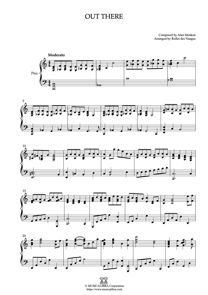 Sheet music of Out There(The Hunchback of Notre Dame) arranged for piano solo preview page 1