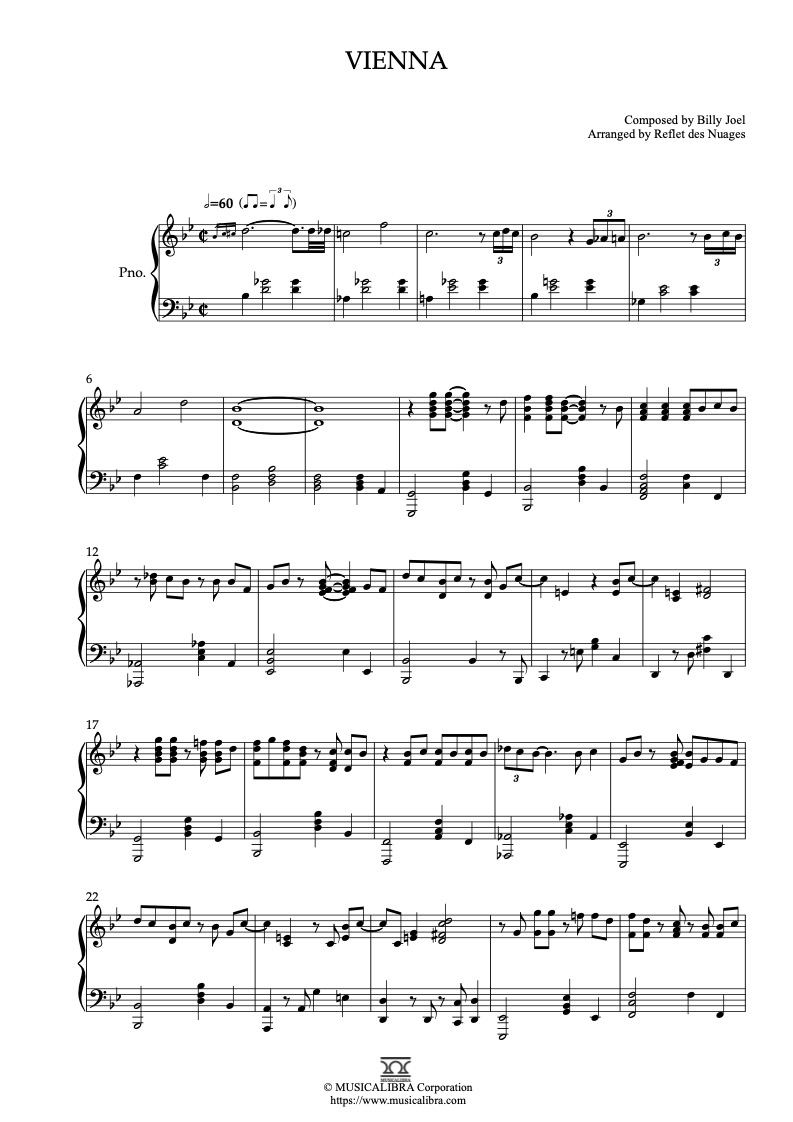 Partitura de Billy Joel Vienna arreglada para piano solo