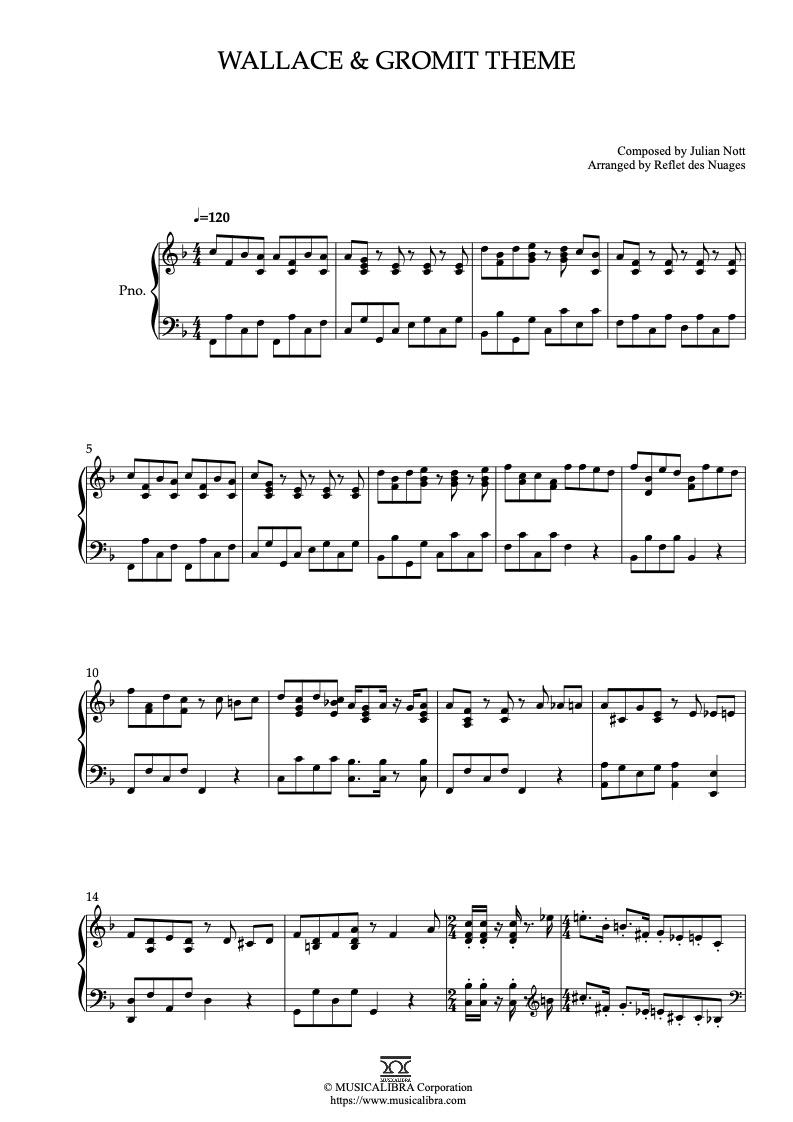 Partitura de Wallace & Gromit Theme arreglada para piano solo
