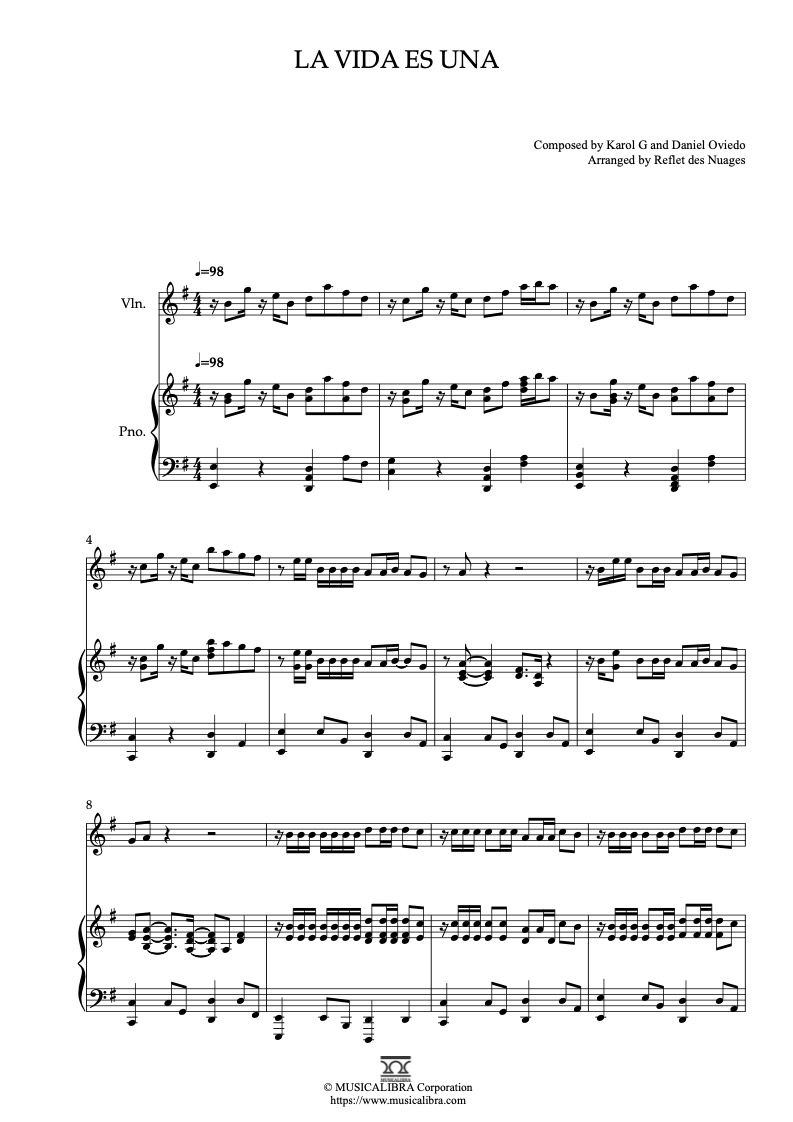 Partitura de Puss in Boots La vida es una arreglada para dueto de violín y piano