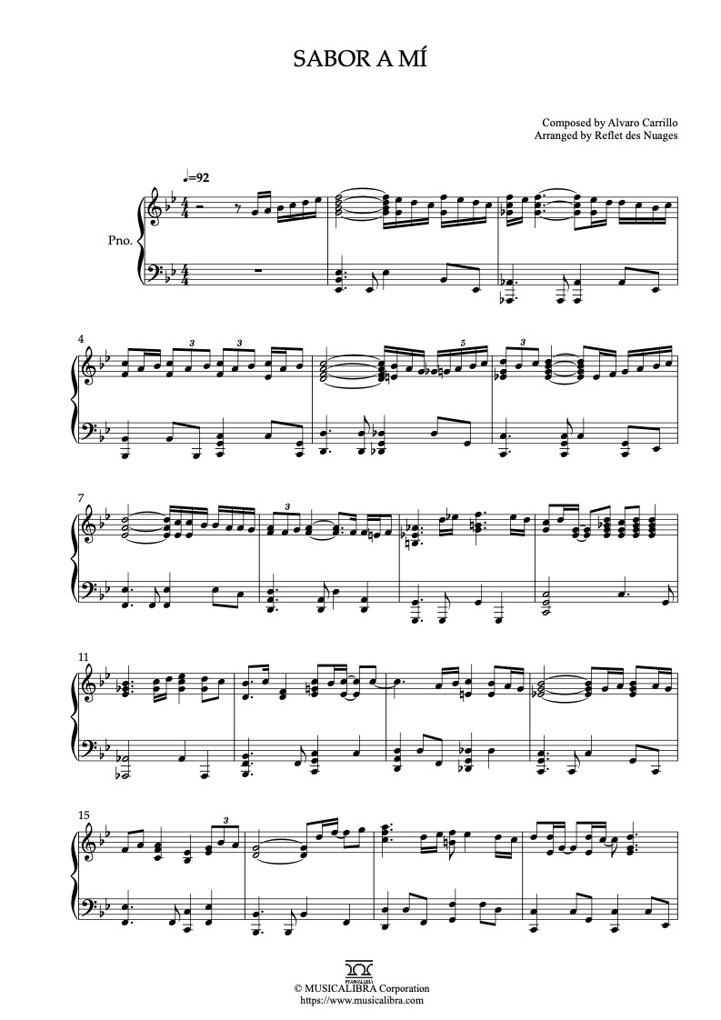 Partitura de Sabor a Mí arreglada para piano solo