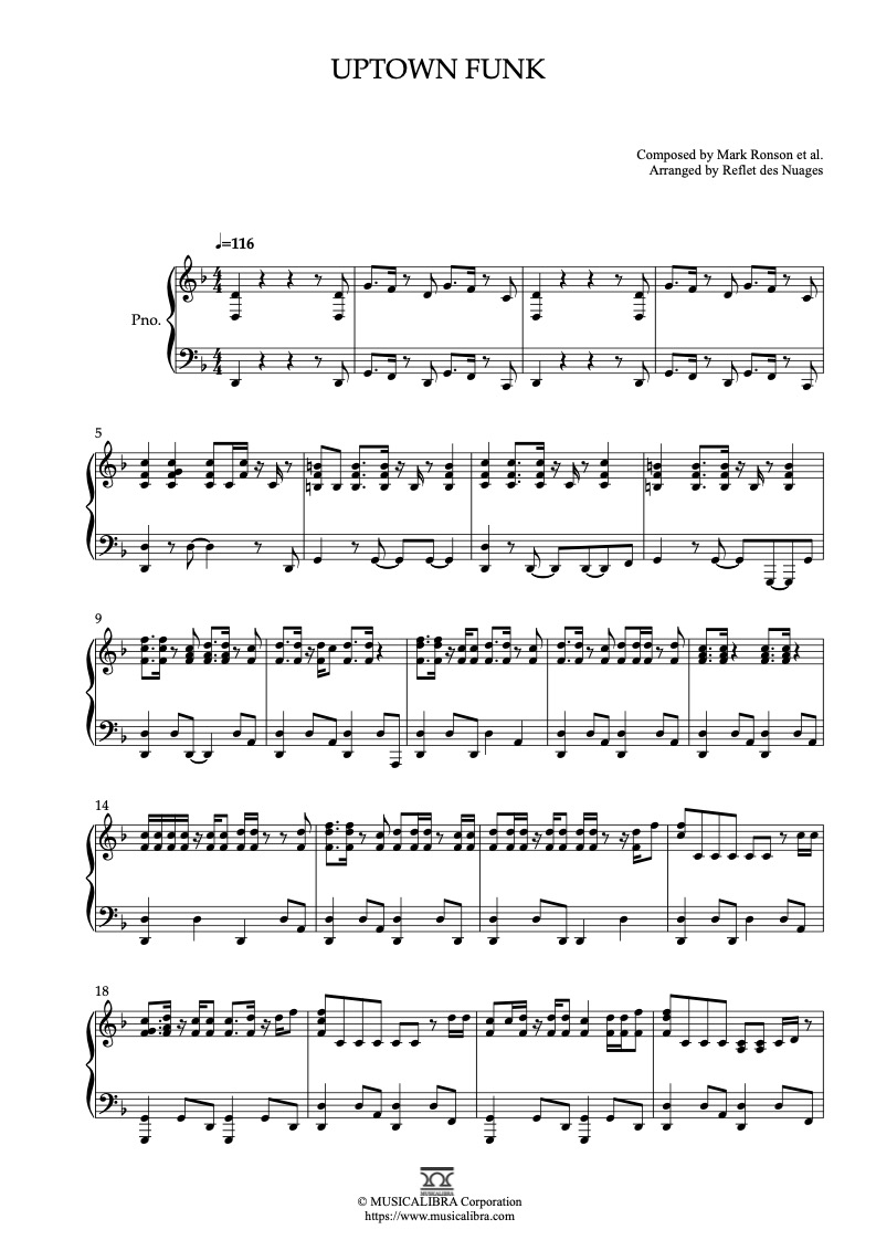Partitura de Uptown Funk arreglada para piano solo