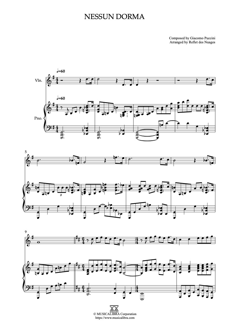 [duet Sheet Music] Nessun Dorma - Violin And Piano Chamber Ensemble 