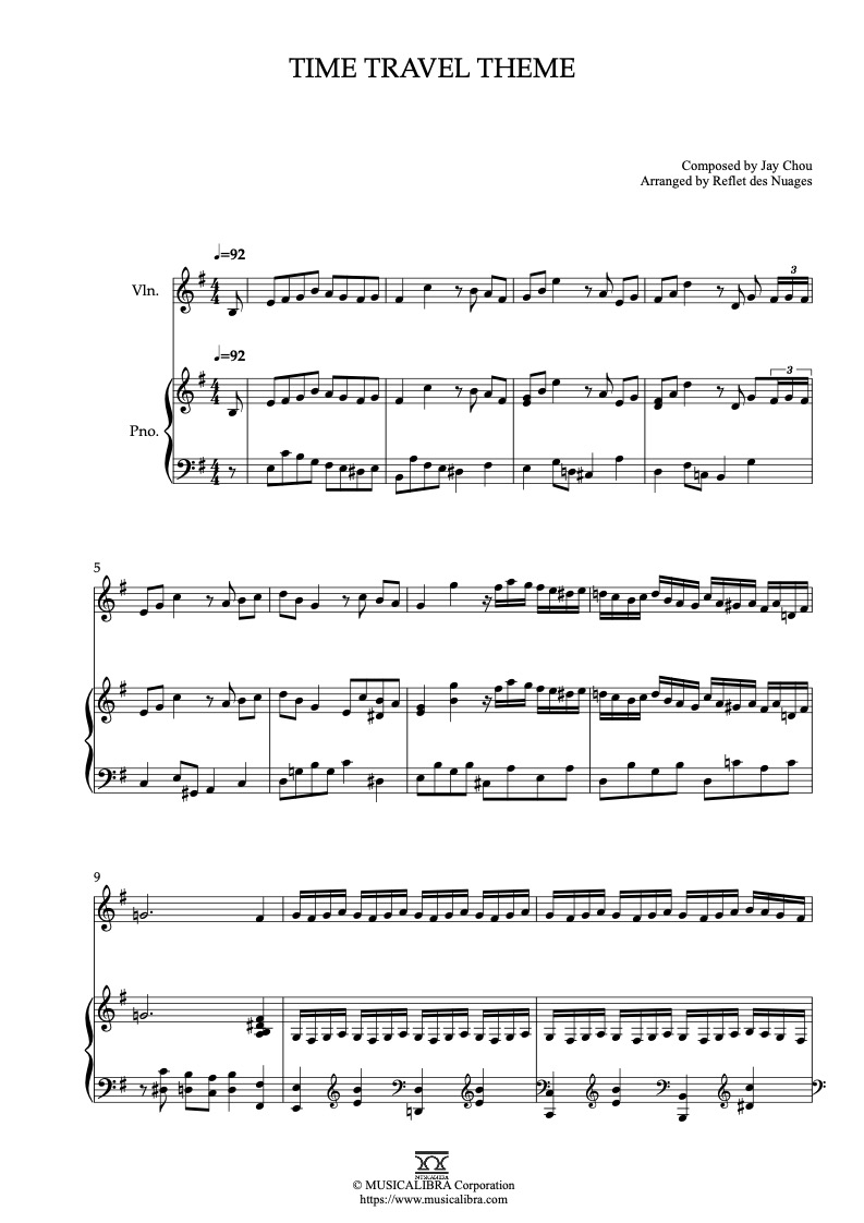 Sheet music of Secret Time Travel Theme arranged for violin and piano duet chamber ensemble preview page 1