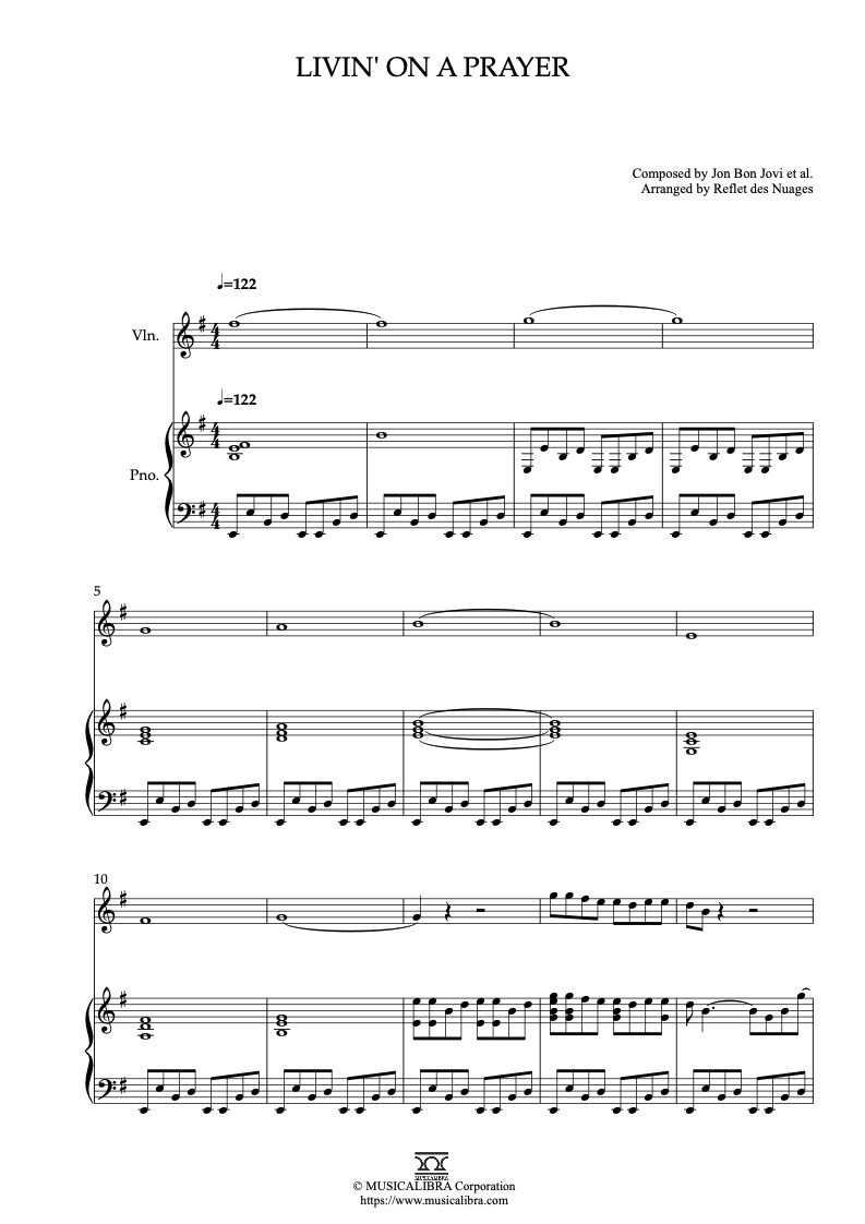 Partitura de Bon Jovi Livin' on a Prayer arreglada para dueto de violín y piano