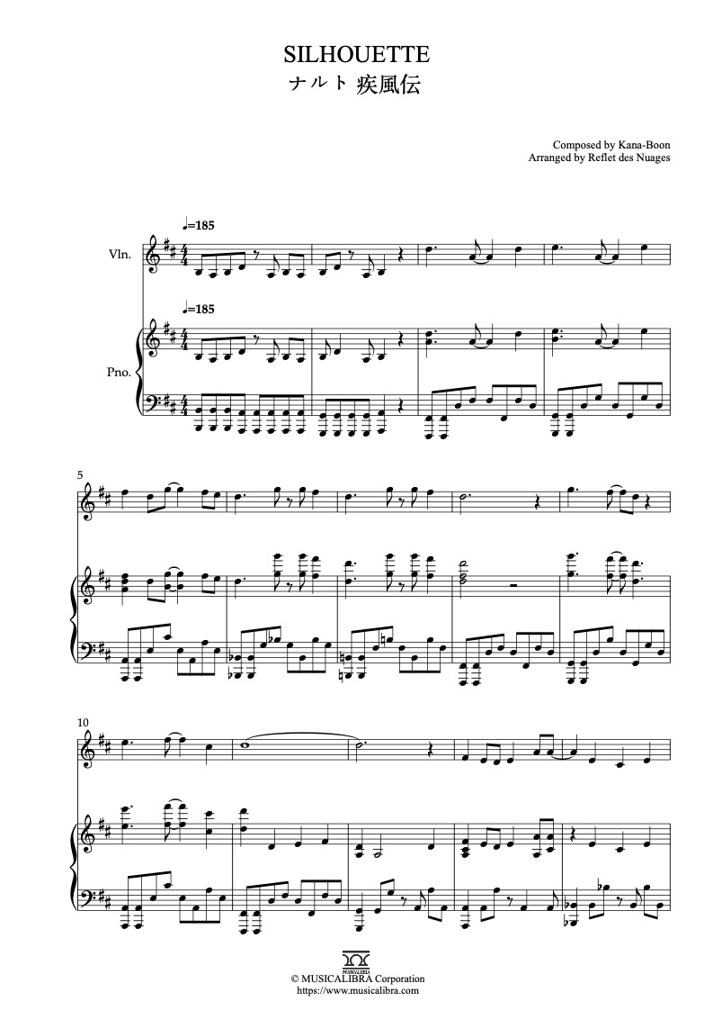 Sheet music of Naruto Shippuden Silhouette arranged for violin and piano duet chamber ensemble preview page 1